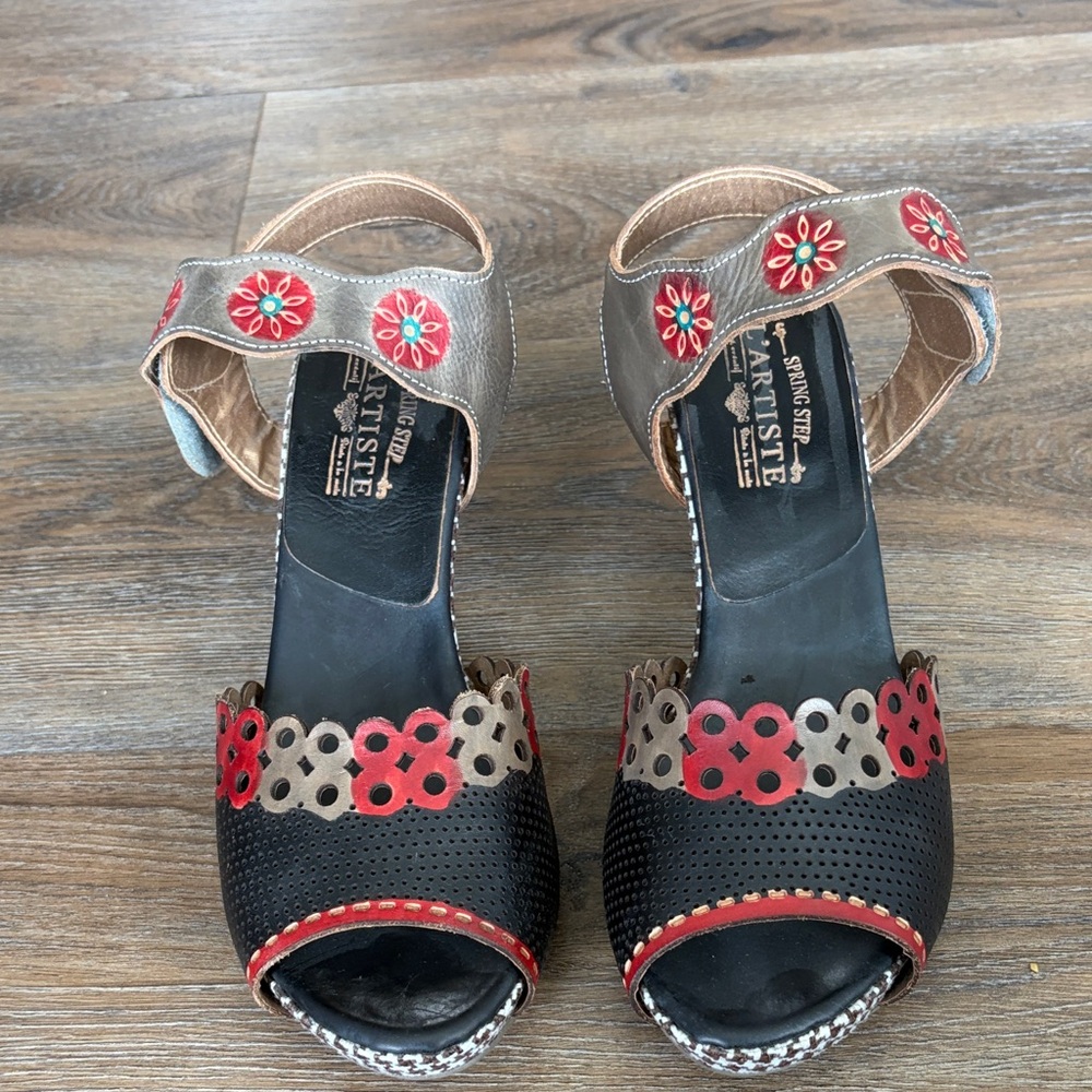 Spring Step Black and Red Floral Cutout Leather Sandals